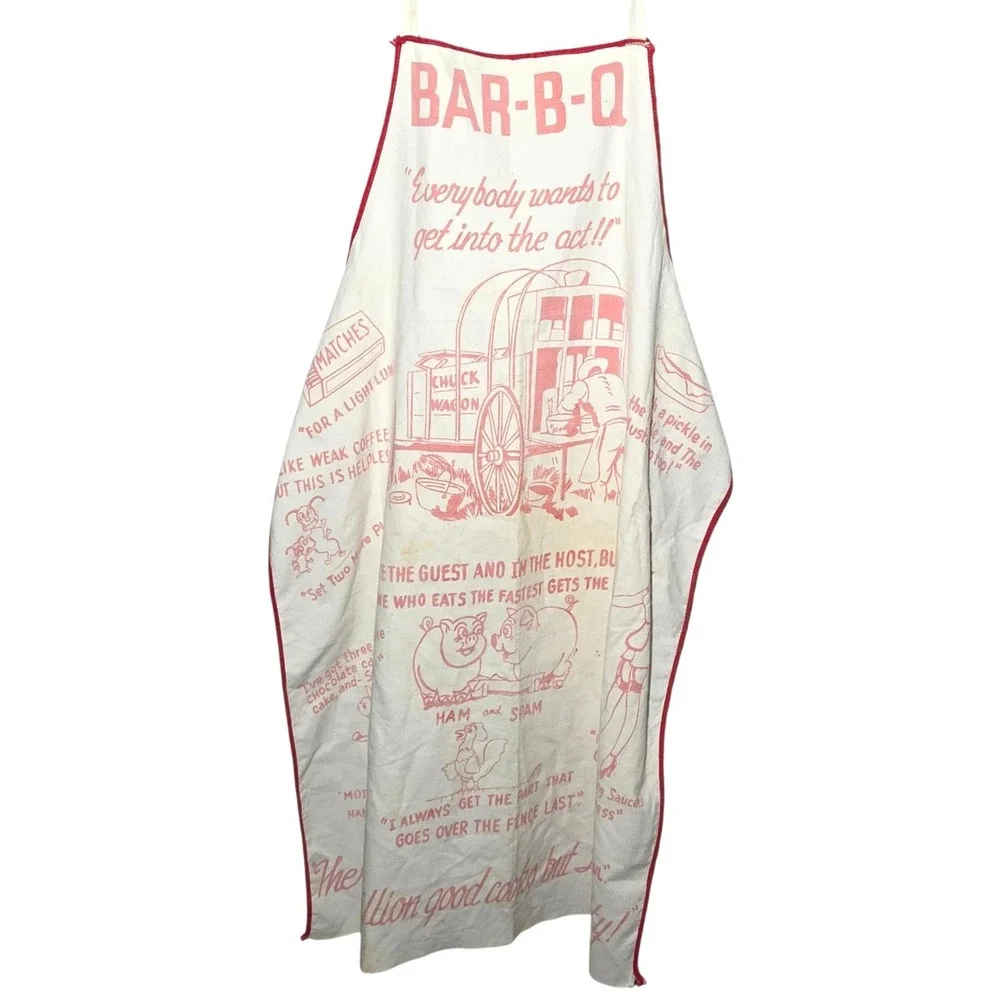 Vintage 50s BAR-B-Q Novelty Apron Red White Chuck Wagon Kitsch Mid Century BBQ